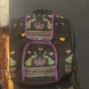 Chic Black and Purple Embroidered Women's Backpack